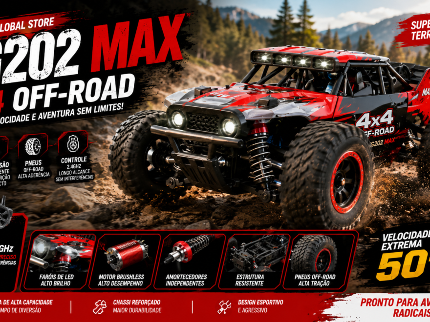 Banner do Carrinho RC Teeggi Global Store SG202 Max 4x4 Off-Road em ação sobre uma trilha de pedras, destacando tração 4x4, suspensão independente, motor brushless, pneus off-road e alta velocidade para aventuras em qualquer terreno.