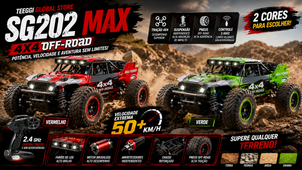Banner do Carrinho RC Teeggi Global Store SG202 Max 4x4 Off-Road nas cores vermelho e verde, lado a lado em uma trilha off-road, destacando tração 4x4, suspensão independente, motor brushless e alta performance em terrenos desafiadores.