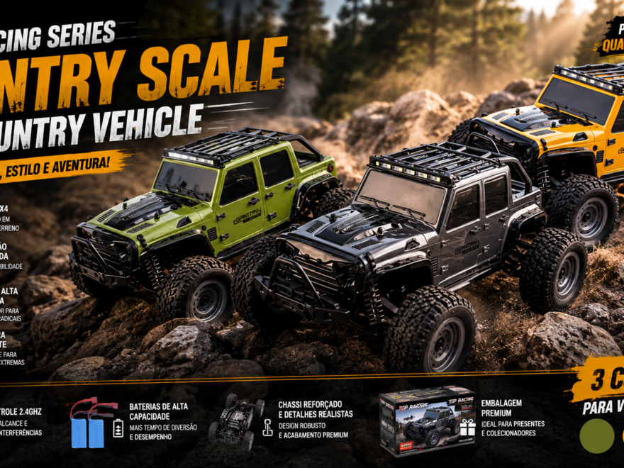 Banner mostrando os carrinhos RC Top Racing Series Gantry Scale Country Vehicle nas cores verde, grafite e amarelo enfrentando uma trilha off-road com pedras, destacando sua suspensão, tração 4x4 e design robusto.