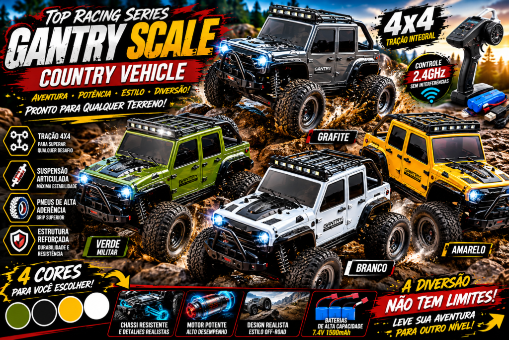 Banner do Carrinho RC Top Racing Series Gantry Scale Country Vehicle mostrando os quatro modelos nas cores grafite, verde militar, branco e amarelo em uma trilha off-road, destacando tração 4x4, suspensão reforçada e controle remoto 2.4 GHz.