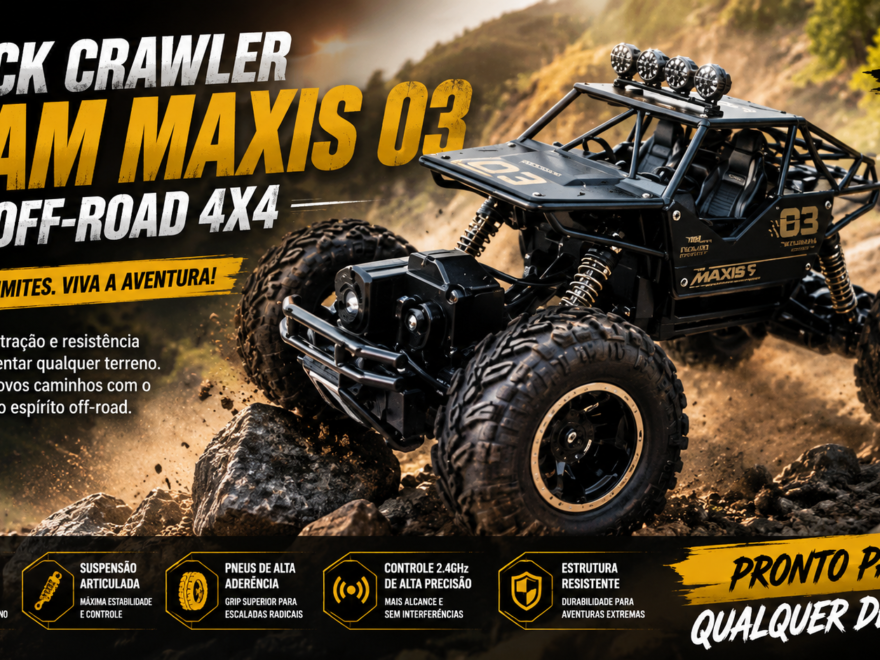 Carrinho Rock Crawler Team Maxis 03 Off-Road 4x4 superando obstáculos em uma trilha rochosa, destacando sua suspensão articulada, pneus off-road e estrutura resistente em um cenário de aventura.