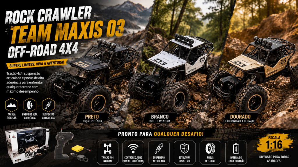 Banner promocional do Carrinho Rock Crawler Team Maxis 03 Off-Road 4x4 nas cores preto, branco e dourado, destacando sua capacidade off-road, tração 4x4 e suspensão articulada em um cenário de trilha rochosa.