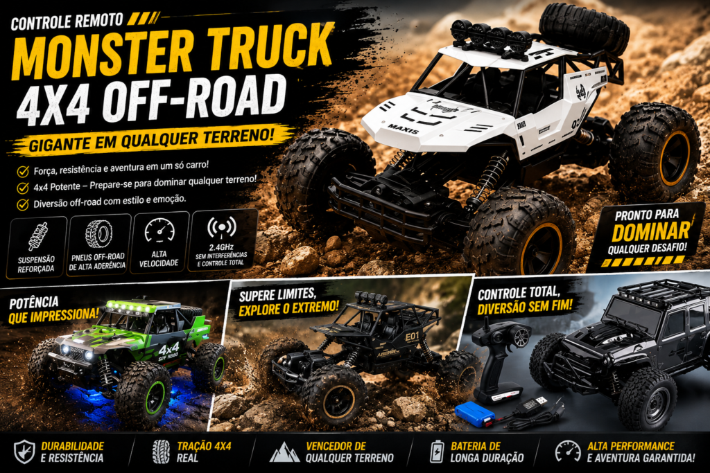 Banner com quatro carrinhos de controle remoto off-road 4x4 em diferentes estilos, incluindo Monster Truck, Rock Crawler, Mini Jeep e Teeggi SG202 Max, preparados para aventuras em qualquer terreno.