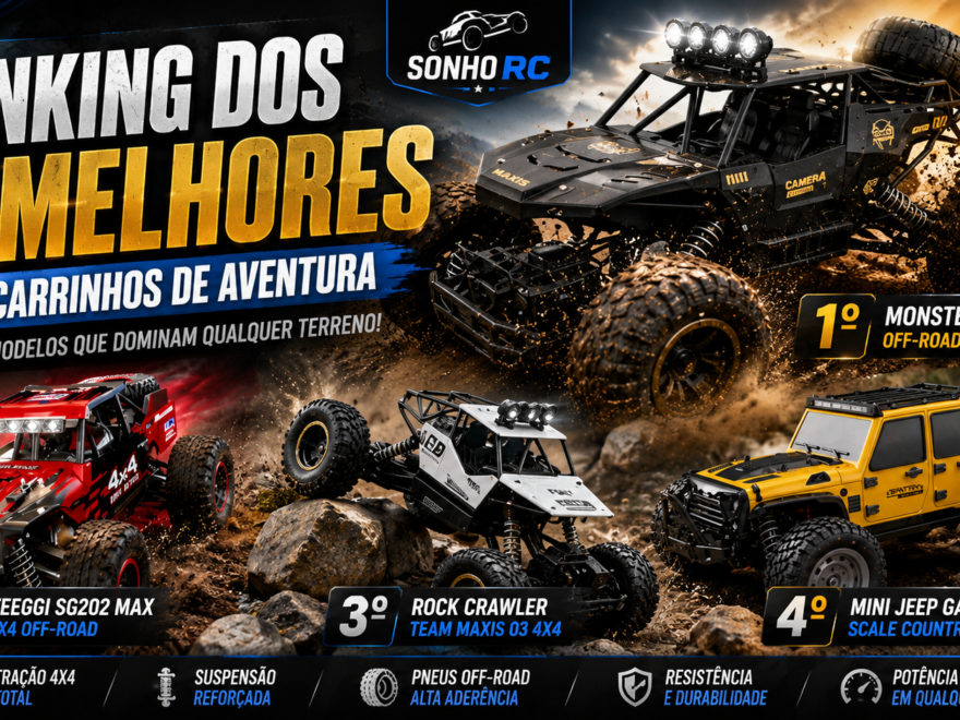Banner mostrando o ranking dos quatro melhores carrinhos de aventura RC 4x4, com Monster Truck Off-Road em primeiro lugar, seguido pelos modelos Teeggi SG202 Max, Rock Crawler Team Maxis 03 e Mini Jeep Gantry em cenário off-road.