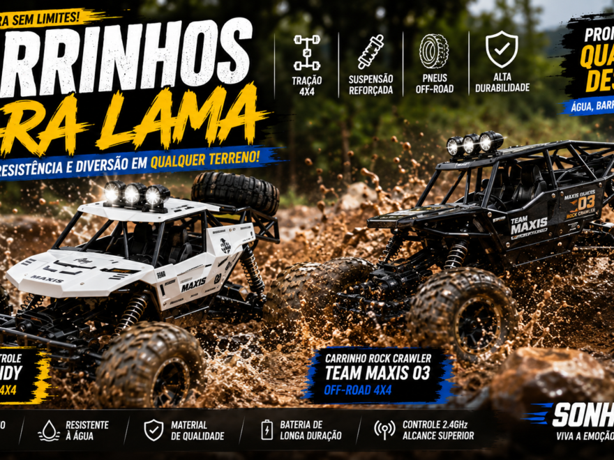 Banner mostrando carrinhos de controle remoto off-road 4x4 enfrentando lama, pedras e trilhas. Em destaque aparecem os modelos Monster Truck Off-Road 4x4, Rock Crawler Team Maxis 03 e Maxis Candy 4 Team Grande 4x4 em um cenário de aventura com montanhas e terreno enlameado.