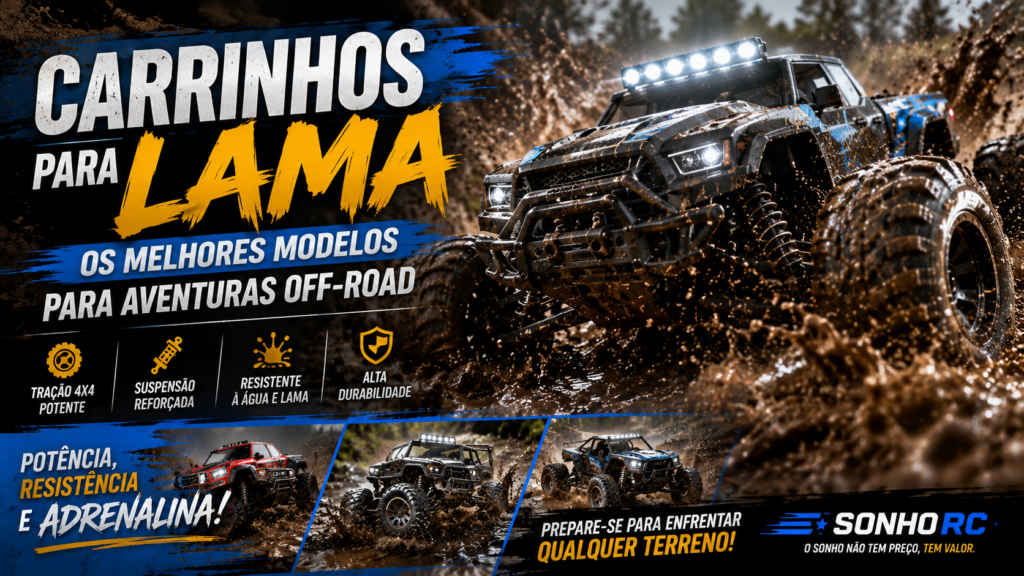 Carrinho de controle remoto 4x4 atravessando uma trilha coberta de lama com grandes respingos, destacando potência, tração e desempenho off-road em um cenário cheio de adrenalina.