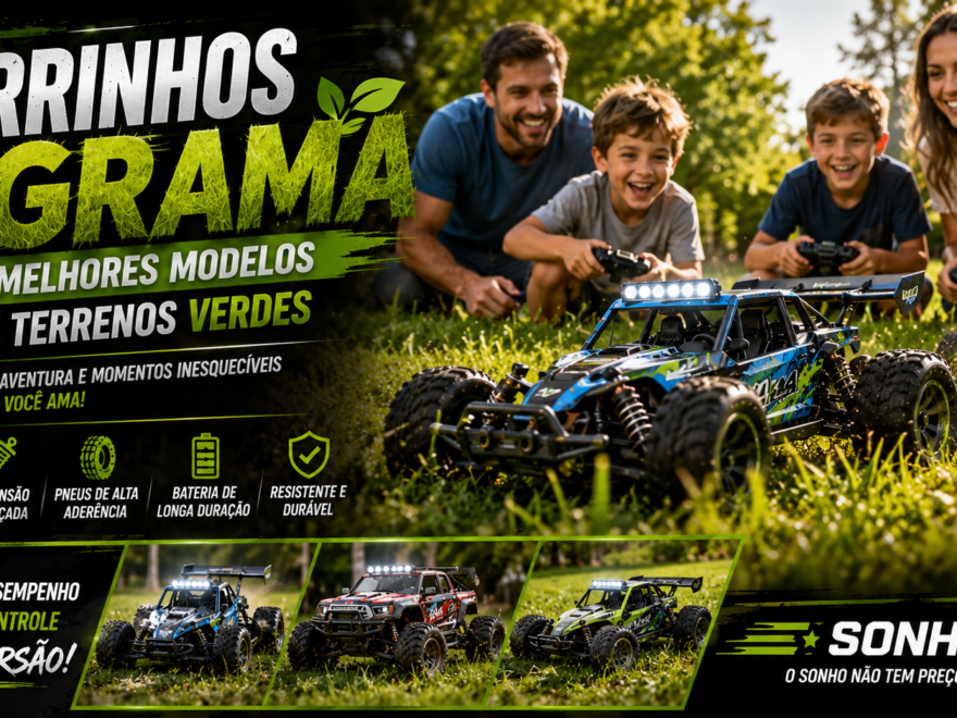 Família se divertindo em um gramado enquanto pilota carrinhos de controle remoto off-road 4x4, destacando aventura, lazer ao ar livre e modelos ideais para terrenos com grama.