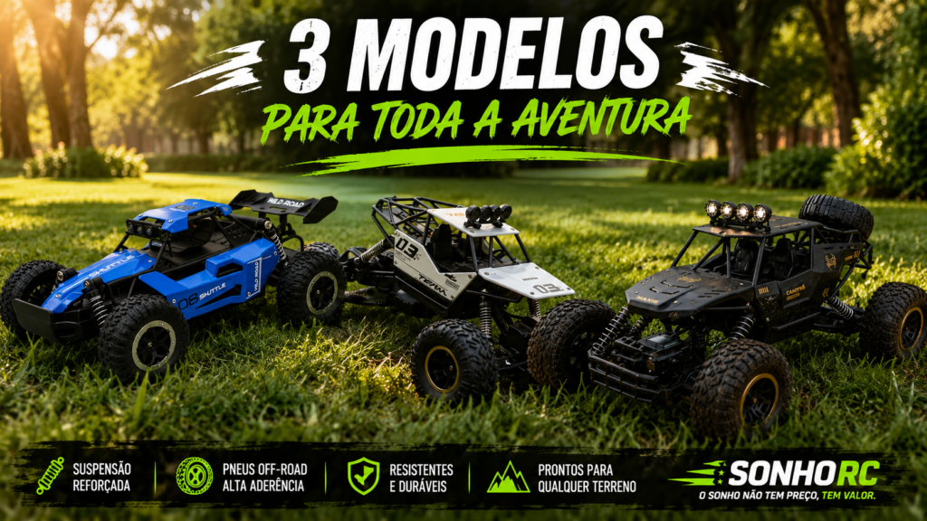 Três carrinhos de controle remoto off-road estacionados sobre um gramado verde, destacando os modelos Shuttle Wild Road, Rock Crawler Team Maxis 03 e Maxis Candy 4 Team em um cenário natural ao ar livre.