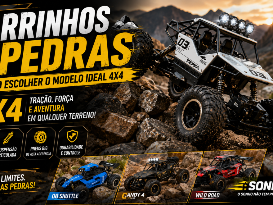 Carrinho de controle remoto Rock Crawler 4x4 escalando um terreno repleto de pedras, com destaque para suspensão articulada, pneus off-road e alta capacidade de tração em trilhas rochosas.