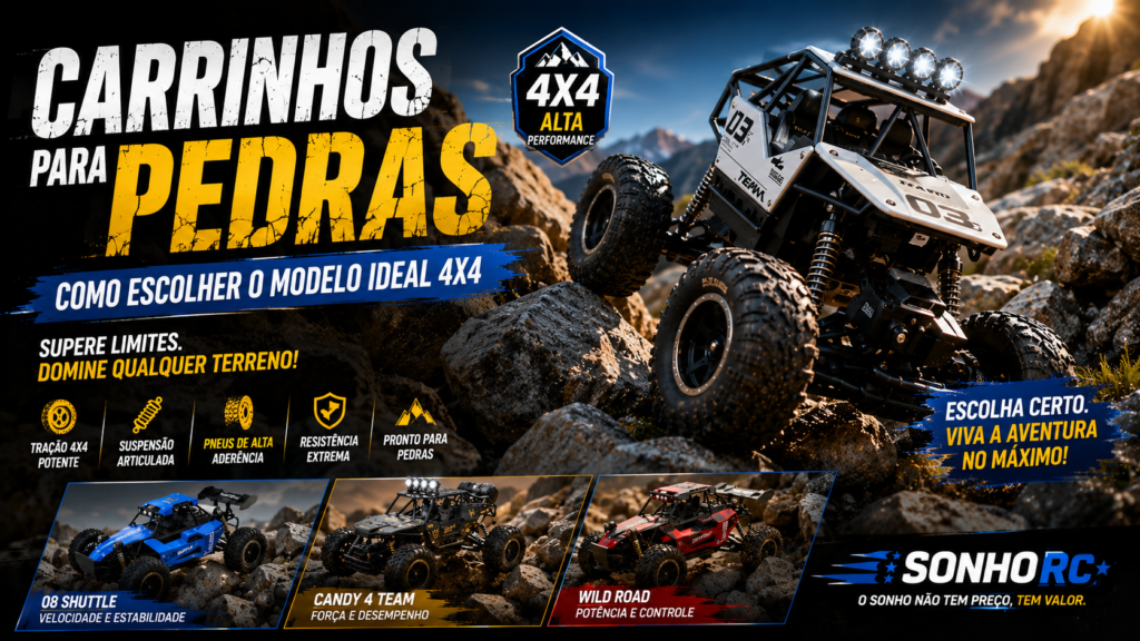 Carrinhos de controle remoto 4x4 off-road sobre um terreno rochoso, preparados para escalar pedras e superar obstáculos com pneus de alta aderência e suspensão reforçada.