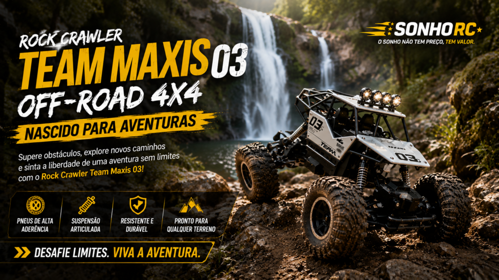 Carrinho Rock Crawler Team Maxis 03 Off-Road 4x4 em uma trilha de pedras e terra, com uma bela cachoeira desfocada ao fundo, destacando o cenário natural e a capacidade off-road do veículo.