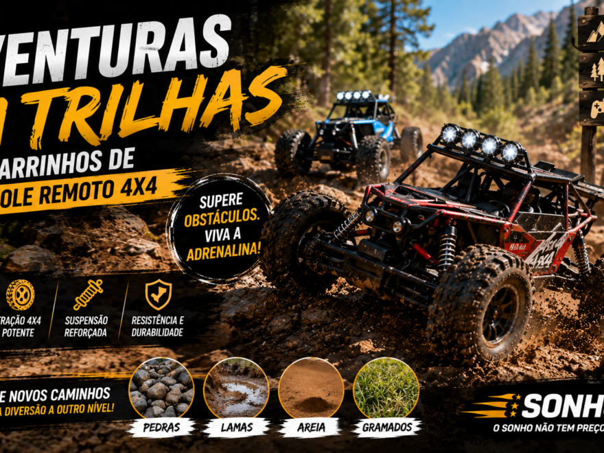 Carrinhos de controle remoto 4x4 percorrendo uma trilha off-road cercada por árvores, pedras e terra batida, destacando pneus de alta tração, suspensão reforçada e espírito de aventura.