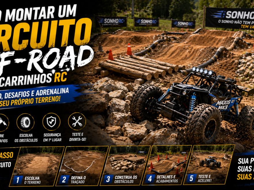 Circuito off-road para carrinhos de controle remoto com rampas, pedras, curvas e obstáculos de terra, preparado para desafios de aventura e diversão ao ar livre