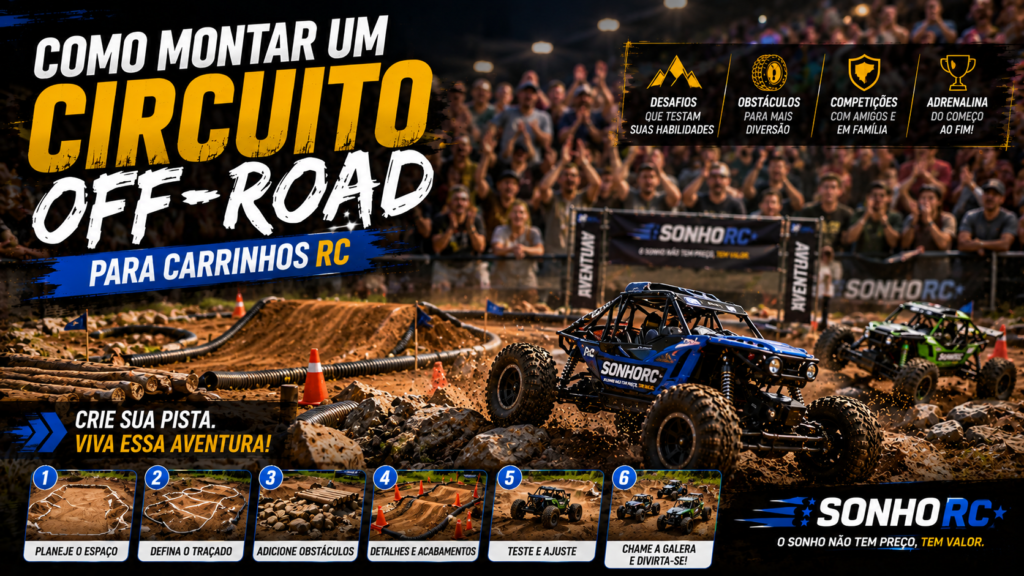 Circuito off-road para carrinhos RC com rampas, obstáculos e carrinhos de controle remoto em uma pista de terra, com uma plateia desfocada ao fundo acompanhando a competição.