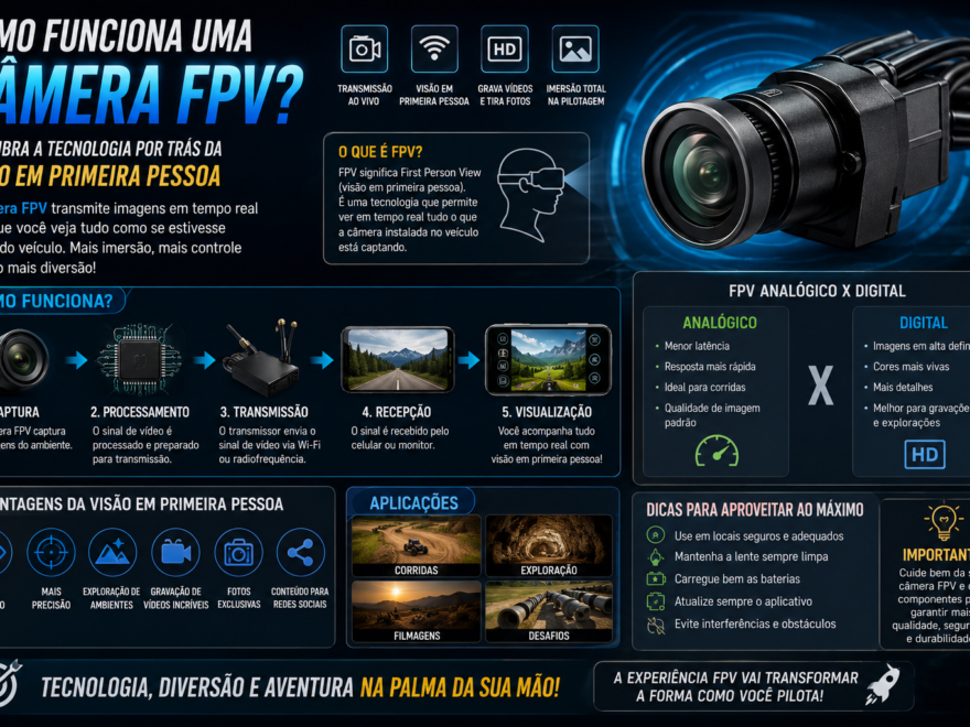 Banner promocional do Carrinho Tecnológico Creation Function Display com câmera HD giratória de 90°, transmissão FPV em tempo real, controle via aplicativo e pneus omnidirecionais para aventuras em diversos terrenos.