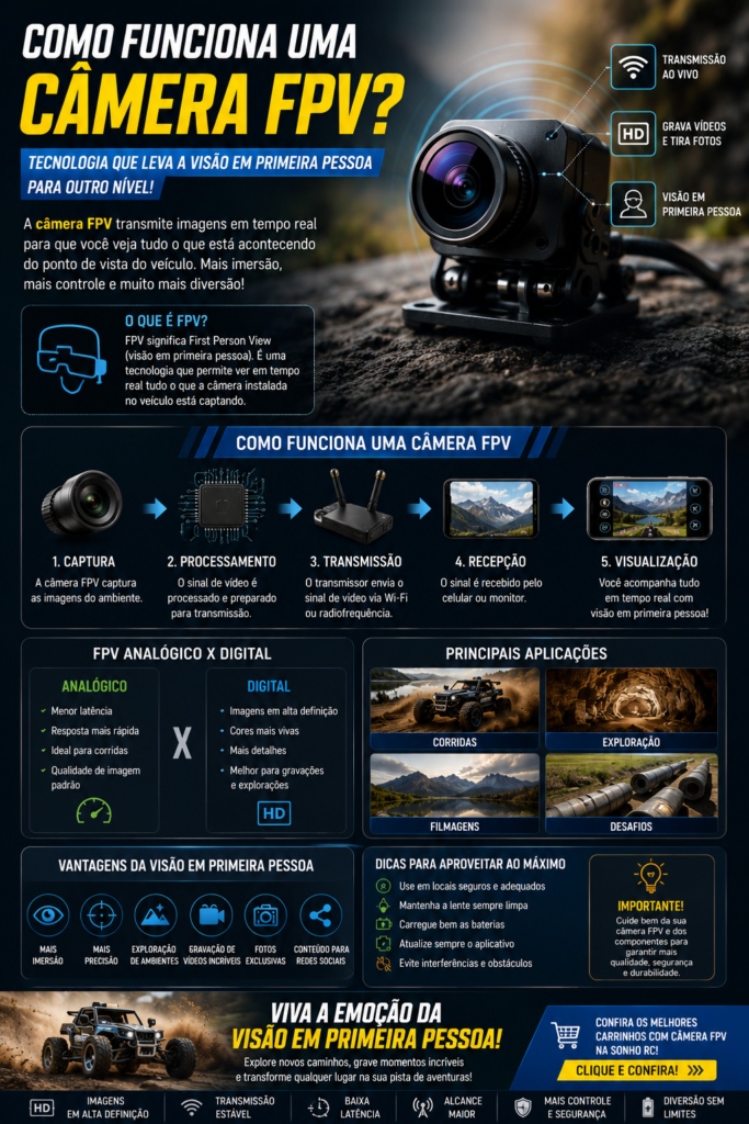 Banner horizontal do Carrinho Tecnológico Creation Function Display com câmera HD giratória de 90°, transmissão FPV em tempo real, controle remoto 2.4 GHz, pneus omnidirecionais e design futurista em um cenário tecnológico nas cores preto e verde.