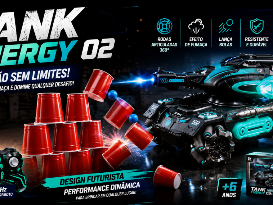 Carrinho Tank Energy 02 futurista com rodas articuladas, iluminação colorida e efeitos de fumaça em uma cena de aventura.