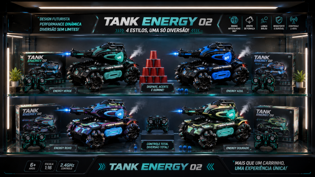 Vitrine moderna exibindo quatro modelos de carrinhos de controle remoto Tank Energy 02 em diferentes cores e estilos futuristas.