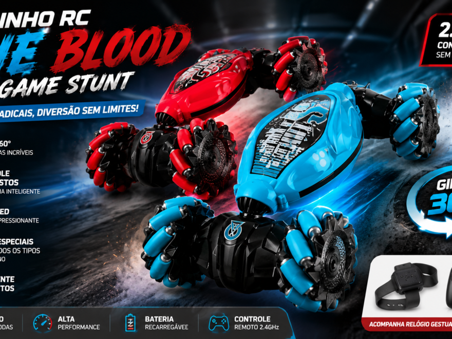 Banner promocional do Carrinho RC The Blood Game Stunt mostrando os modelos vermelho e azul em destaque realizando manobras radicais. A arte apresenta recursos como giros em 360°, controle por gestos, tração 4x4, luzes LED e controle remoto 2.4 GHz.