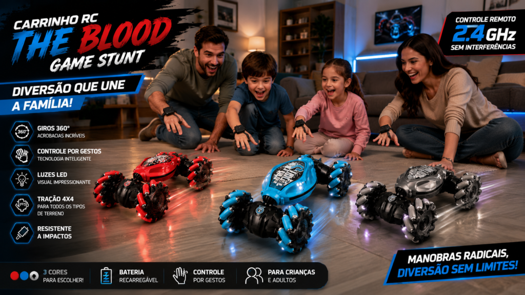 Família reunida na sala de casa brincando com o Carrinho RC The Blood Game Stunt nas cores azul, vermelho e cinza. Os carrinhos realizam manobras enquanto pais e filhos se divertem em um ambiente moderno, aconchegante e iluminado.