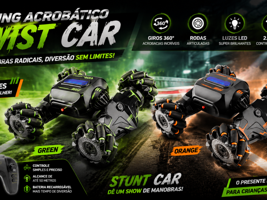 Carrinhos RC Racing Acrobático Twist Car nas cores verde e laranja realizando manobras radicais em uma pista moderna, destacando suas rodas articuladas e design futurista.
