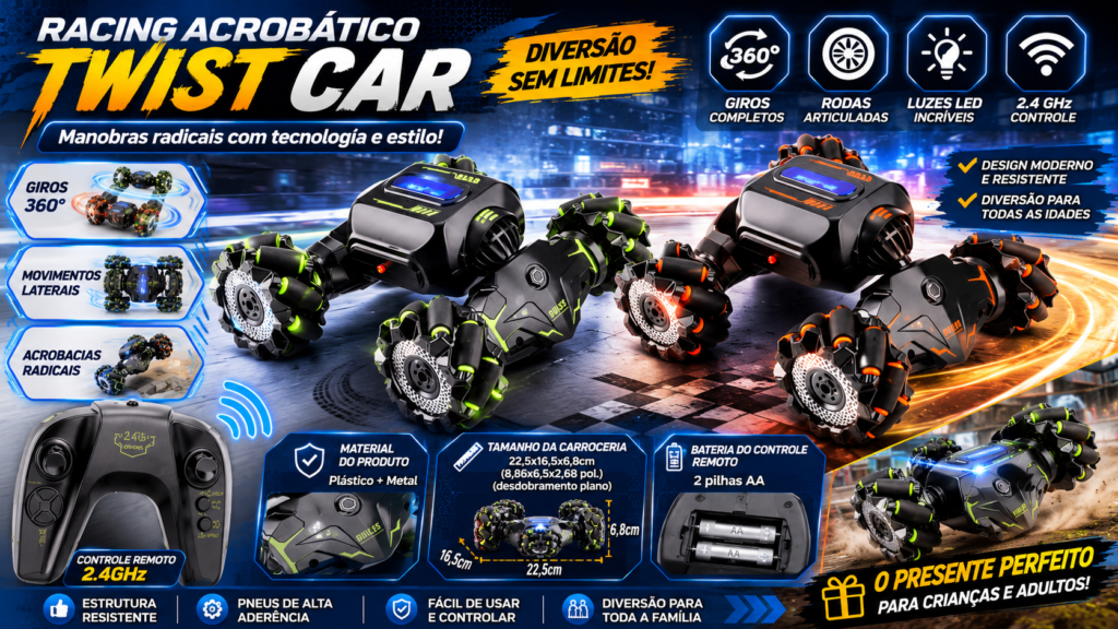 Banner promocional do Carrinho RC Racing Acrobático Twist Car nas cores verde e laranja, destacando rodas articuladas, giros em 360°, especificações técnicas, controle remoto e design futurista em um cenário de alta velocidade.