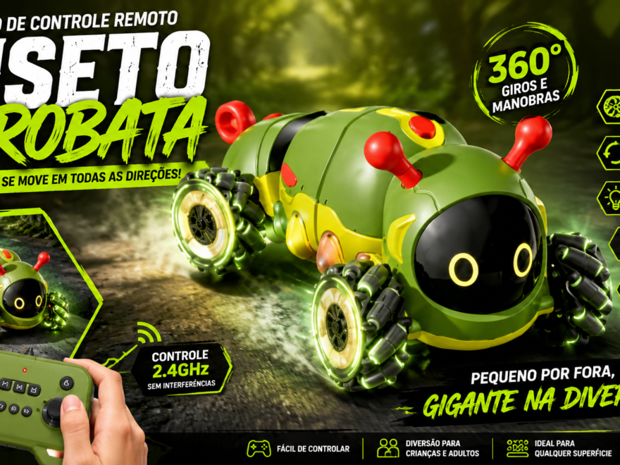 Carrinho de Controle Remoto Inseto Acrobata realizando manobras em um jardim, com rodas omnidirecionais, iluminação LED e design futurista inspirado em um inseto.