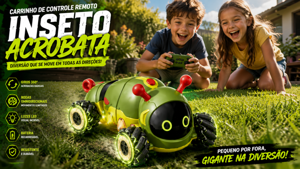 Menino e menina brincando felizes no quintal gramado com o Carrinho de Controle Remoto Inseto Acrobata, que possui design futurista, rodas omnidirecionais e iluminação LED.