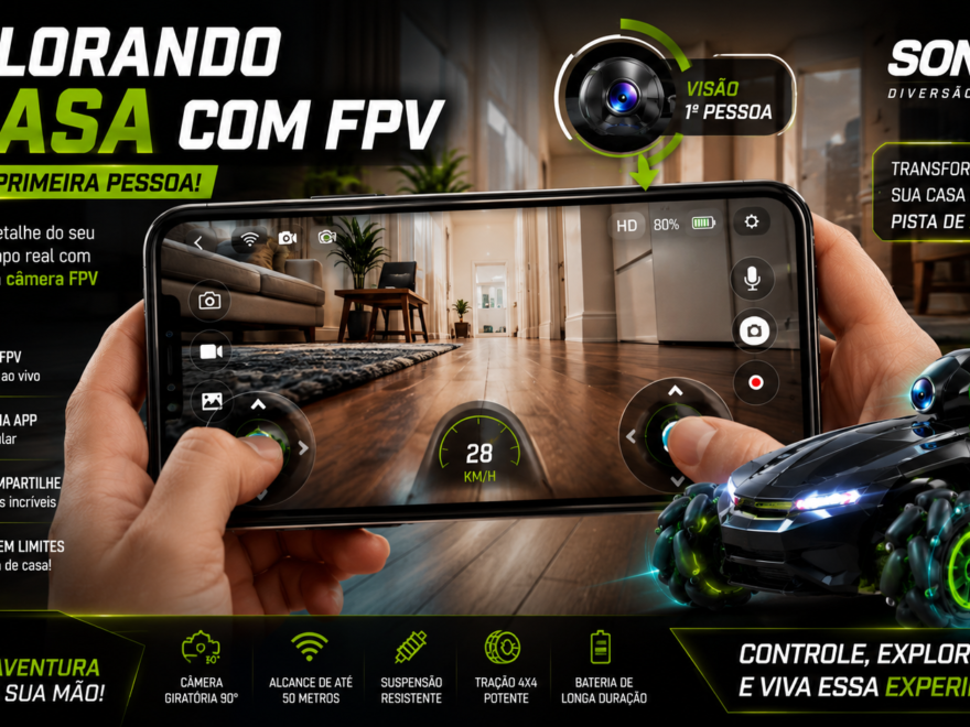 Smartphone exibindo a visão em primeira pessoa (FPV) de um carrinho tecnológico Creation explorando o interior de uma casa, com transmissão ao vivo e controle pelo aplicativo.
