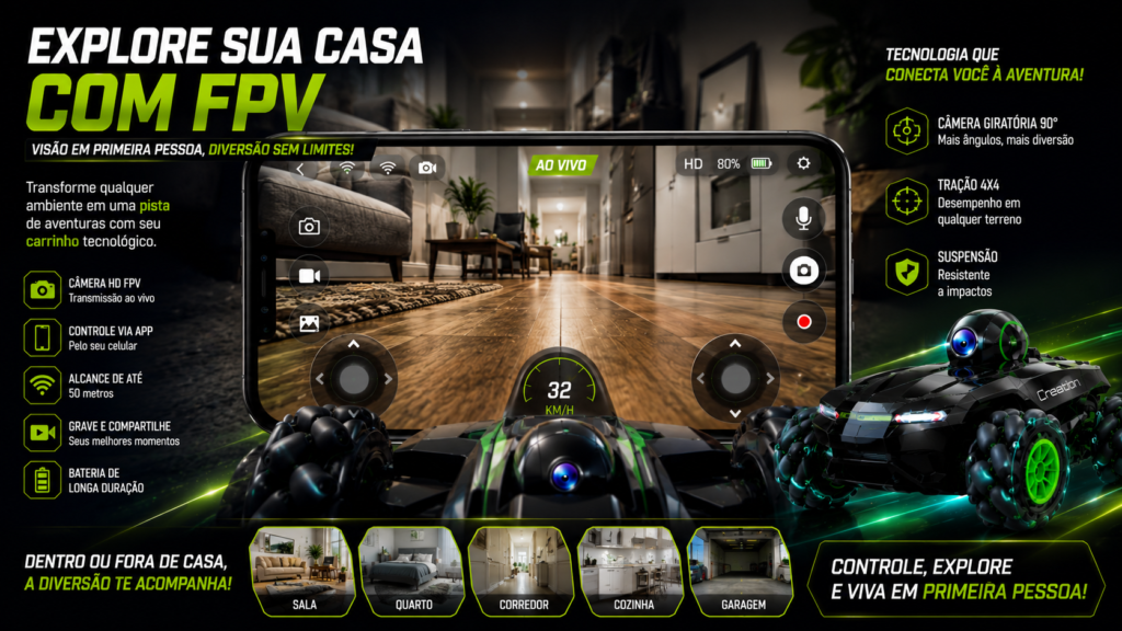 Visão em primeira pessoa (FPV) de um carrinho tecnológico com câmera explorando o interior de uma casa, exibida em um smartphone, com o modelo Creation em destaque ao lado.