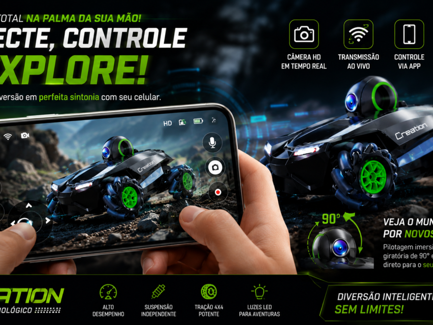 Smartphone controlando um carrinho tecnológico Creation com câmera HD de 90°, exibindo transmissão ao vivo e pilotagem em primeira pessoa (FPV) em um cenário off-road futurista.