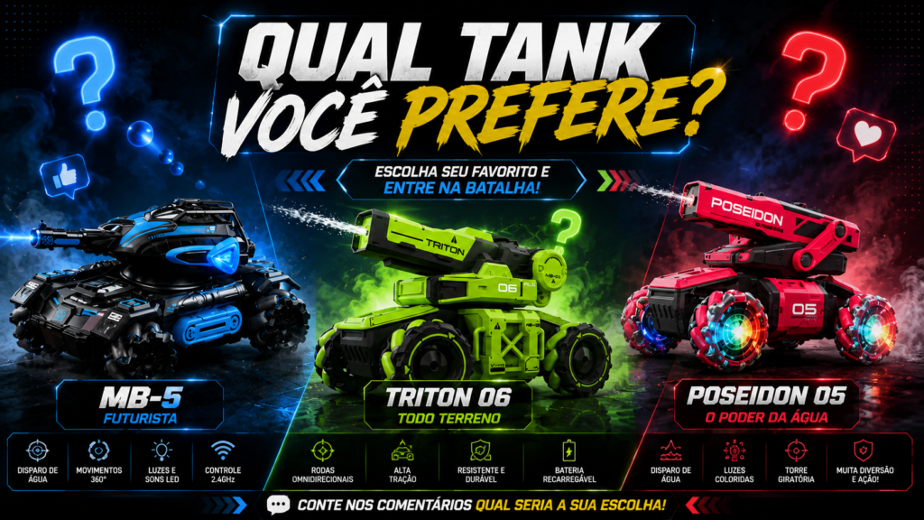 Arte comparativa com três tanques de controle remoto futuristas RC — MB-5 Futurista, Triton 06 e Poseidon 05 — acompanhada da pergunta "Qual Tank você prefere?", em um cenário tecnológico com efeitos de luz, fumaça e ação.