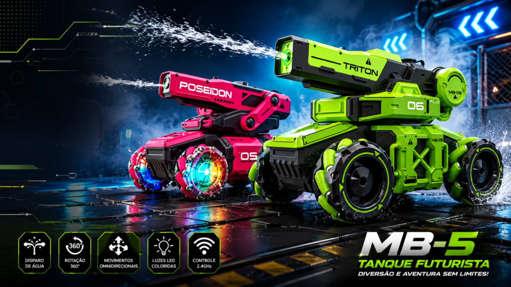 Carrinhos de Controle Remoto Tanque Futurista MB-5 nas versões Triton verde e Poseidon rosa, com disparo de água, rodas omnidirecionais e iluminação LED em um cenário futurista.