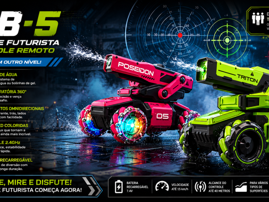 Carrinho de Controle Remoto Tanque Futurista MB-5 em cenário de treinamento com alvos ao fundo, destacando disparo de água, rodas omnidirecionais, iluminação LED e informações técnicas do modelo.