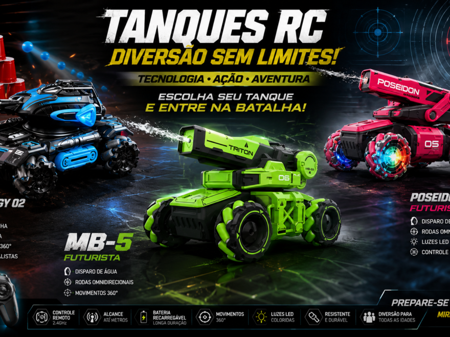 Arte promocional com três tanques de controle remoto futuristas RC, incluindo os modelos MB-5, Poseidon 05 e Tank Energy 02, em cenários de ação com disparo de água, bolinhas, efeitos de fumaça e luzes LED.