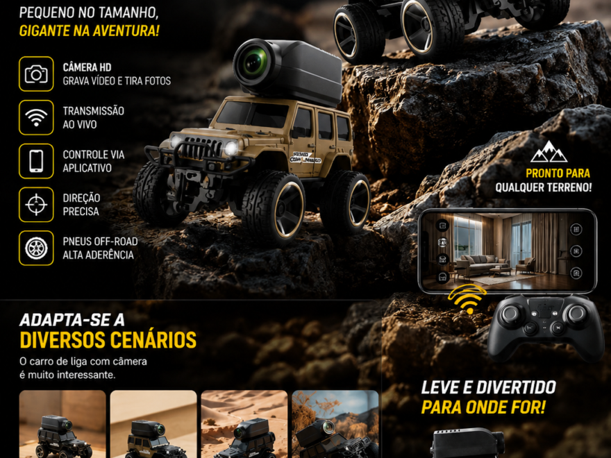 Mini Car KF32 Off-Road com câmera integrada explorando o ambiente enquanto transmite imagens em tempo real para o celular, destacando seu design compacto e tecnológico.