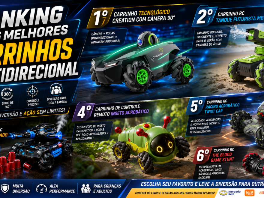 Ranking dos 6 melhores carrinhos de controle remoto multidirecionais, mostrando os modelos Creation com Câmera 90º, Tanque Futurista MB-5, Tank Blindado Energy 02, Inseto Acrobático, Racing Twist Car e The Blood Game Stunt em uma arte comparativa.