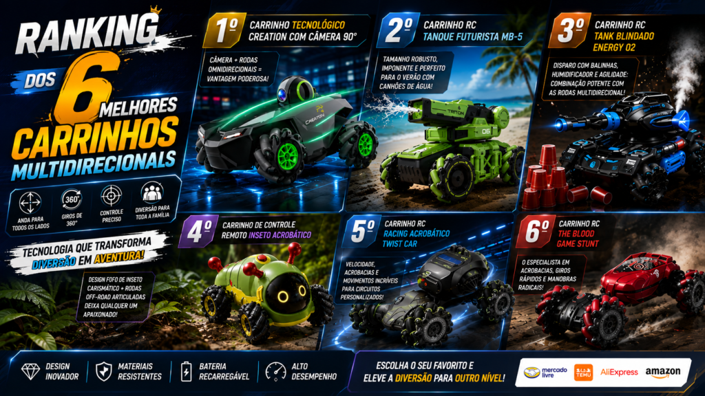 Arte com o ranking dos 6 melhores carrinhos de controle remoto multidirecionais, destacando os modelos Creation com Câmera 90º, Tanque Futurista MB-5, Tank Blindado Energy 02, Inseto Acrobático, Racing Acrobático Twist Car e The Blood Game Stunt.