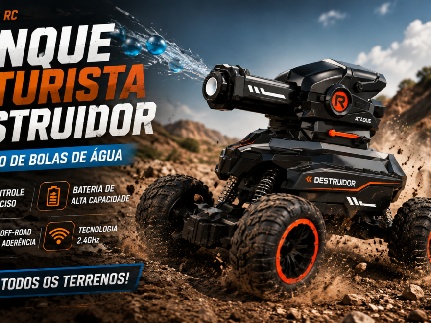 Carrinho Tanque Futurista Destroyer RC em terreno de terra, com grandes rodas off-road e disparo de bolas de água.