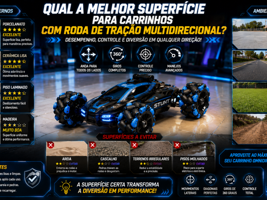 Carrinho de controle remoto omnidirecional realizando manobras em uma pista moderna com porcelanato, cimento liso, curvas quadradas, mini cones e diferentes tipos de superfícies para demonstrar o melhor desempenho das rodas multidirecionais.