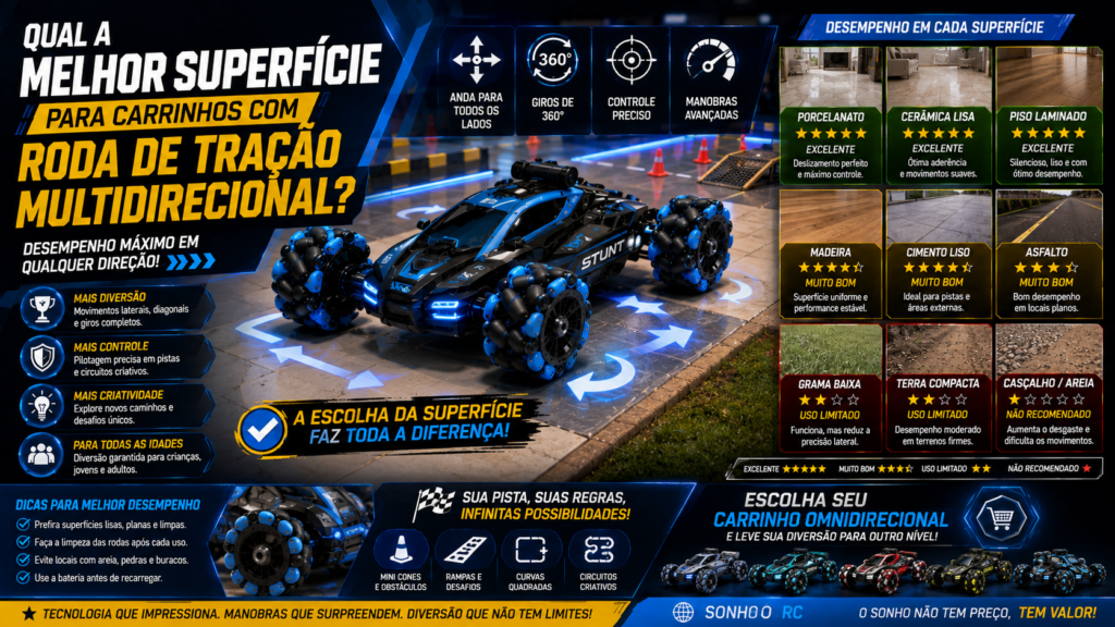 Circuito profissional para carrinhos de controle remoto omnidirecionais com diferentes tipos de superfícies, incluindo porcelanato, cimento liso, madeira e mini obstáculos, destacando o melhor desempenho das rodas de tração multidirecional.